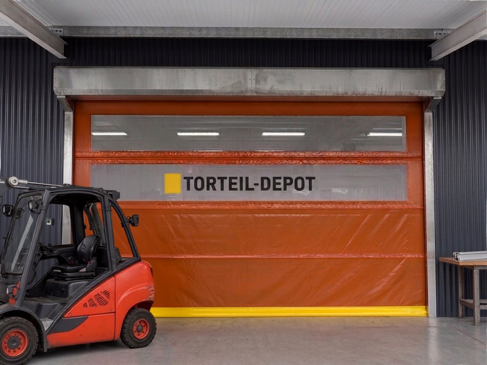 Industrietor in einer Gewerbehalle mit TORTEIL-DEPOT Kennzeichnung, davor ein Gabelstapler.